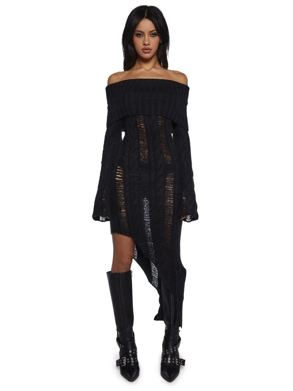 Dolls Kill Elena Off-Shoulder Black Knit Asymmetrical Dress